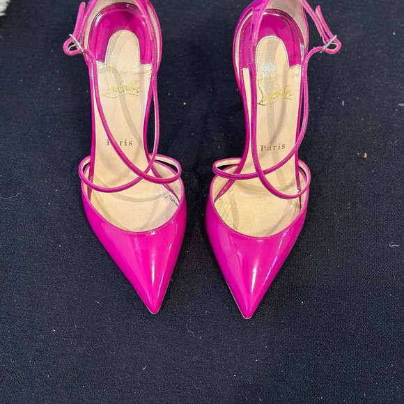 Christian louboutins patent leather magenta strappy heels. Pointy toe. 5.5” heel - Picture 2 of 7